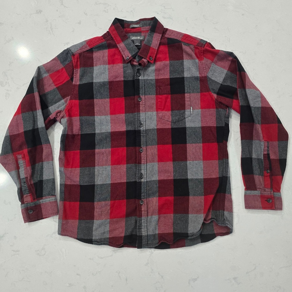Eddie Bauer Mens Classic Fit Flannel Shirt Red Black Grey Buffalo Plaid Large L